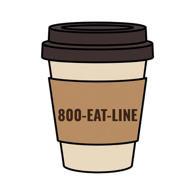 800-EAT-LINE on a coffee cup