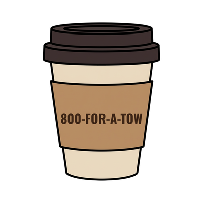 800-FOR-A-TOW on a coffee cup