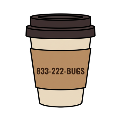 833-222-BUGS on a coffee cup