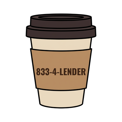 833-4-LENDER on a coffee cup