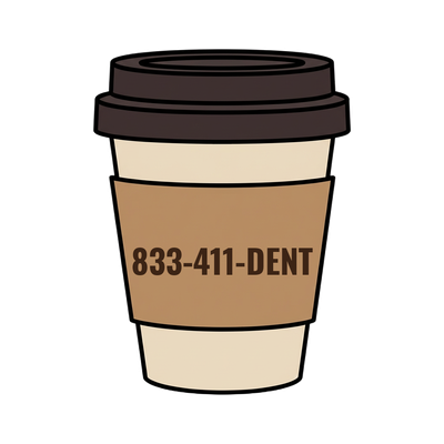 833-411-DENT on a coffee cup