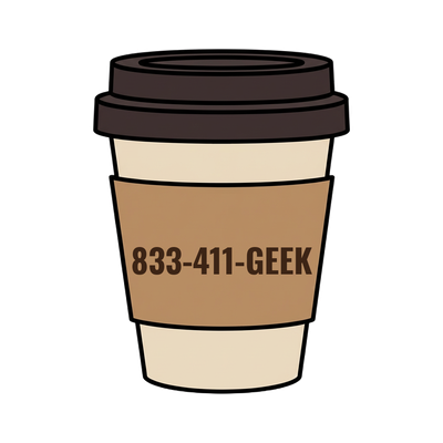 833-411-GEEK on a coffee cup