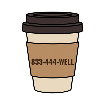 833-444-WELL on a coffee cup
