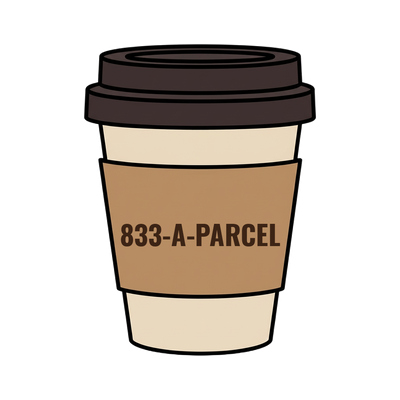 833-A-PARCEL on a coffee cup