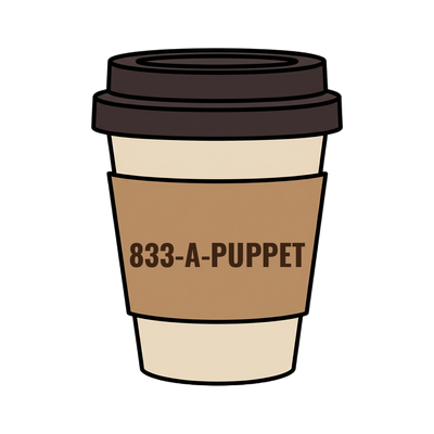 833-A-PUPPET on a coffee cup