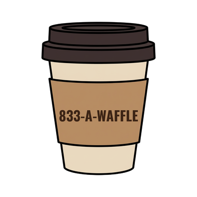833-A-WAFFLE on a coffee cup