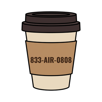 833-AIR-0808 on a coffee cup