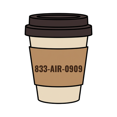 833-AIR-0909 on a coffee cup