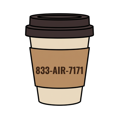833-AIR-7171 on a coffee cup