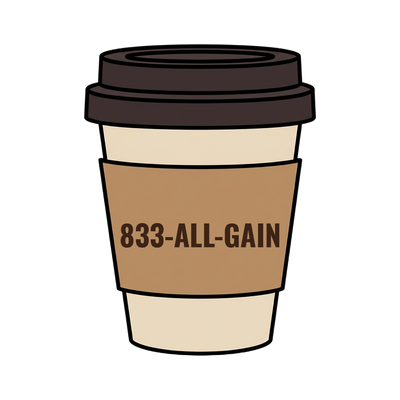 833-ALL-GAIN on a coffee cup