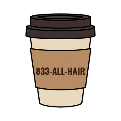 833-ALL-HAIR on a coffee cup