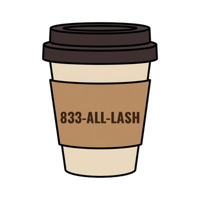 833-ALL-LASH on a coffee cup