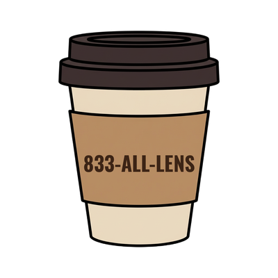 833-ALL-LENS on a coffee cup