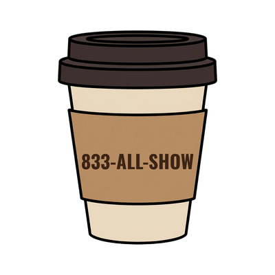 833-ALL-SHOW on a coffee cup