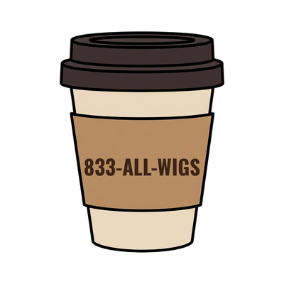 833-ALL-WIGS on a coffee cup