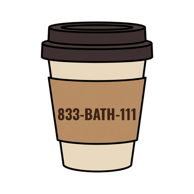 833-BATH-111 on a coffee cup