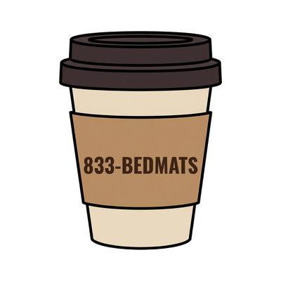 833-BEDMATS on a coffee cup