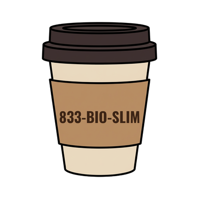 833-BIO-SLIM on a coffee cup