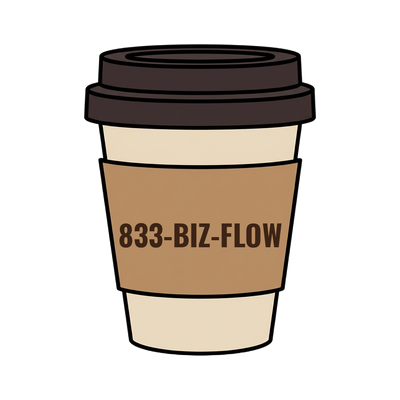 833-BIZ-FLOW on a coffee cup