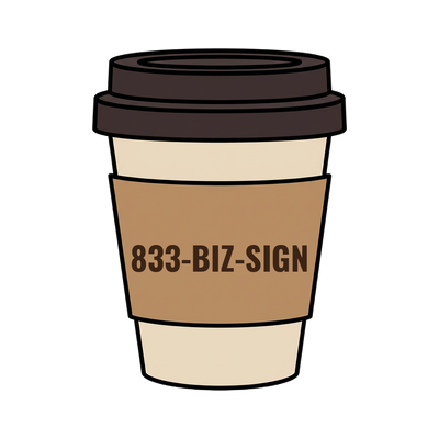 833-BIZ-SIGN on a coffee cup