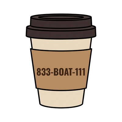 833-BOAT-111 on a coffee cup