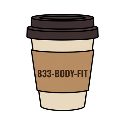 833-BODY-FIT on a coffee cup