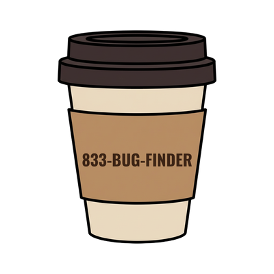 833-BUG-FINDER on a coffee cup