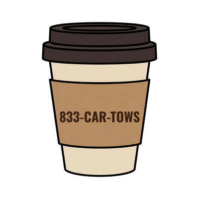 833-CAR-TOWS on a coffee cup