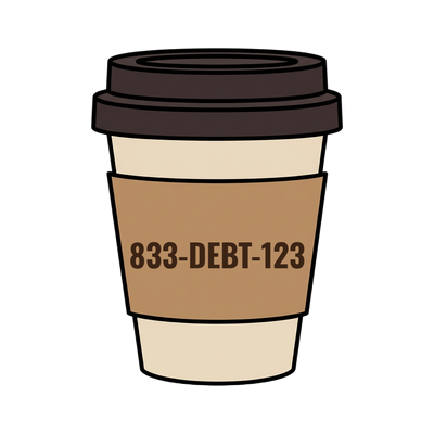 833-DEBT-123 on a coffee cup