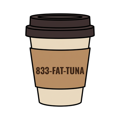 833-FAT-TUNA on a coffee cup