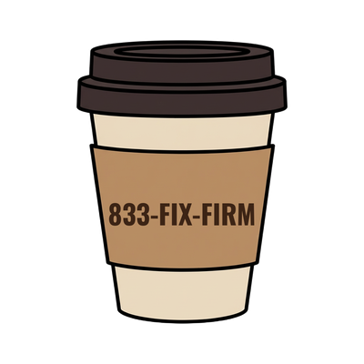 833-FIX-FIRM on a coffee cup