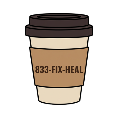 833-FIX-HEAL on a coffee cup