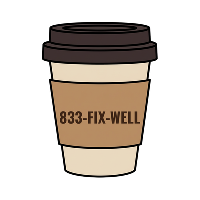 833-FIX-WELL on a coffee cup