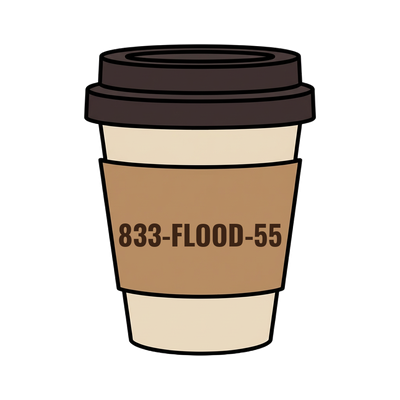 833-FLOOD-55 on a coffee cup