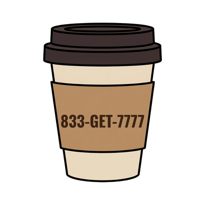 833-GET-7777 on a coffee cup