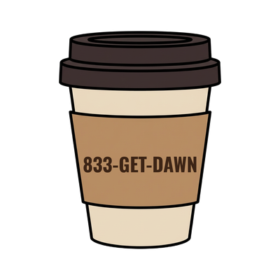 833-GET-DAWN on a coffee cup