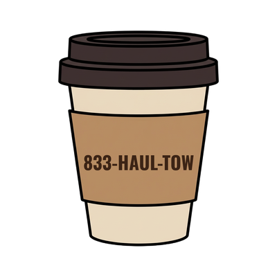 833-HAUL-TOW on a coffee cup