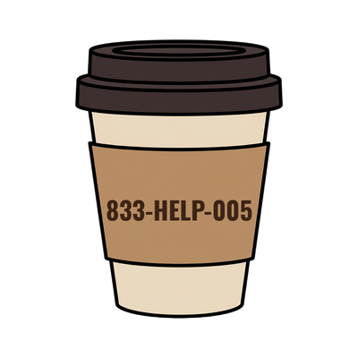 833-HELP-005 on a coffee cup