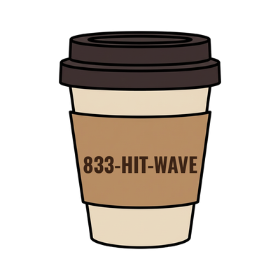 833-HIT-WAVE on a coffee cup