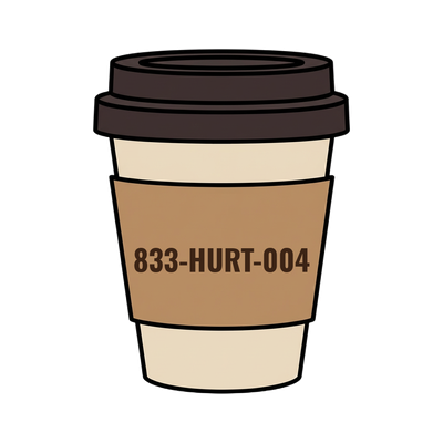 833-HURT-004 on a coffee cup