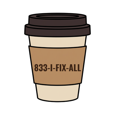 833-I-FIX-ALL on a coffee cup