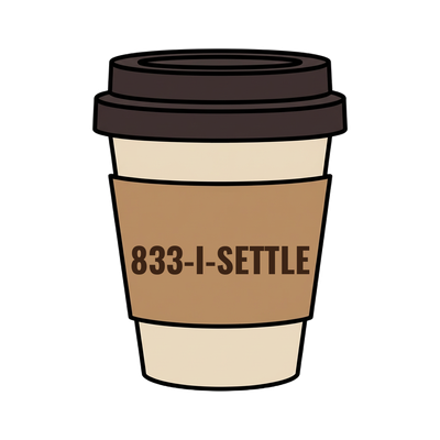 833-I-SETTLE on a coffee cup