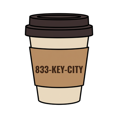 833-KEY-CITY on a coffee cup