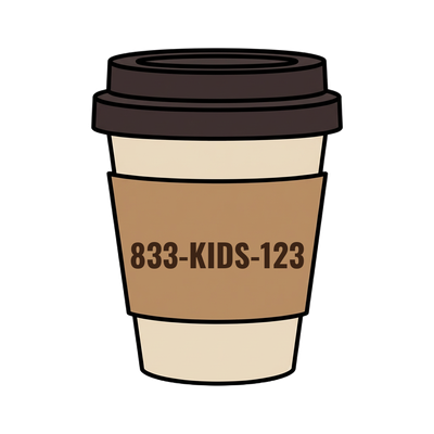 833-KIDS-123 on a coffee cup