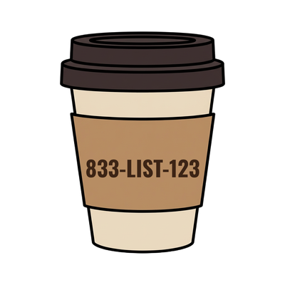 833-LIST-123 on a coffee cup