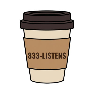 833-LISTENS on a coffee cup