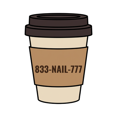 833-NAIL-777 on a coffee cup
