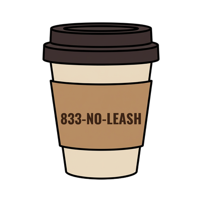 833-NO-LEASH on a coffee cup