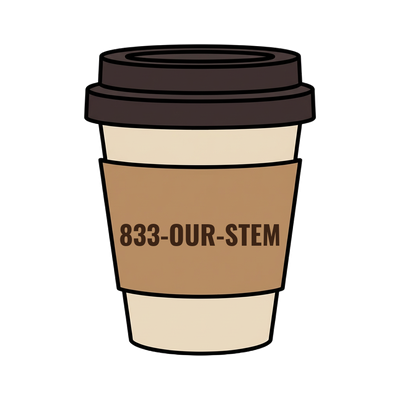 833-OUR-STEM on a coffee cup
