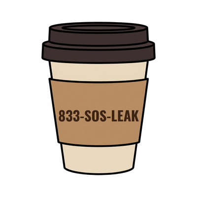 833-SOS-LEAK on a coffee cup